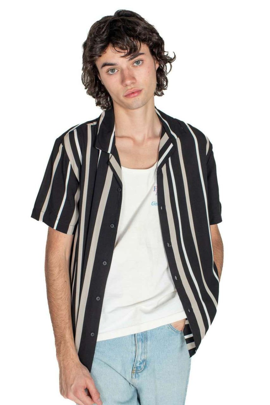 Men * | Prefential Price Black Striped Button Up Shirt