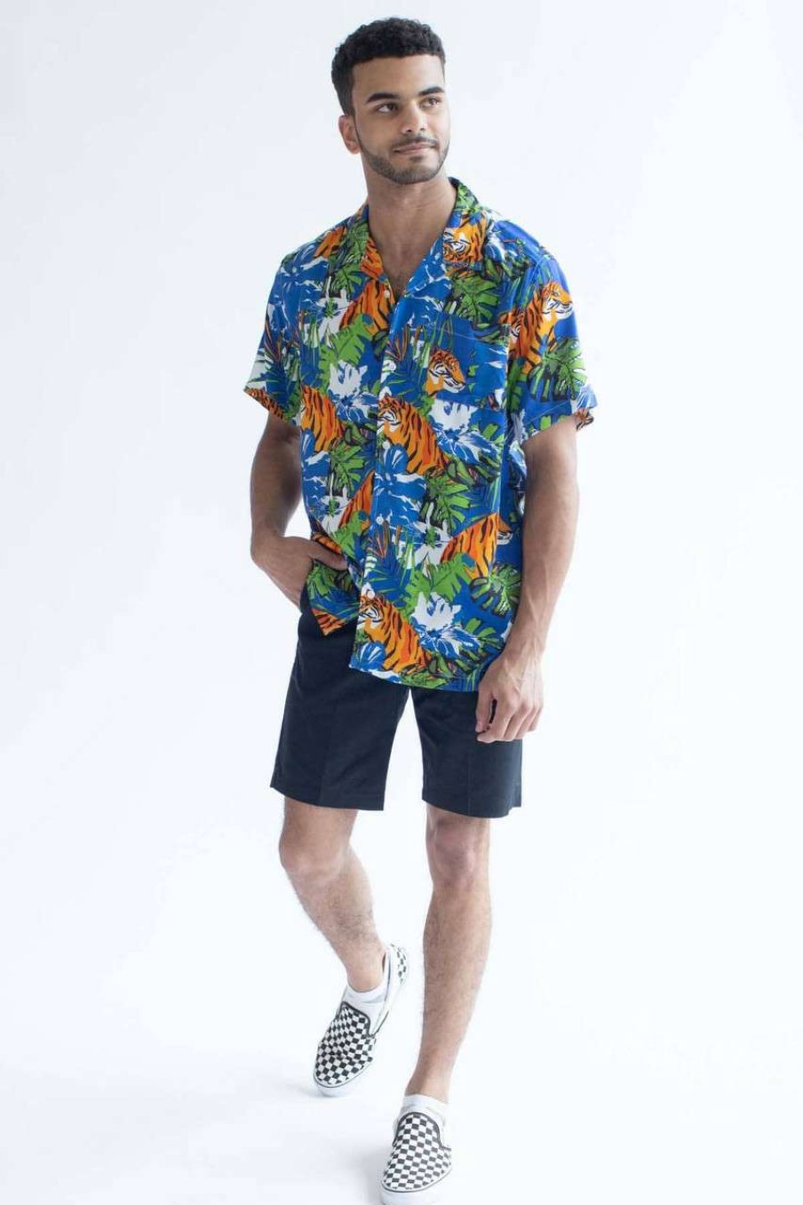 Men * | Clearance Bright Blue Tropical Tiger Hawaiian Shirt