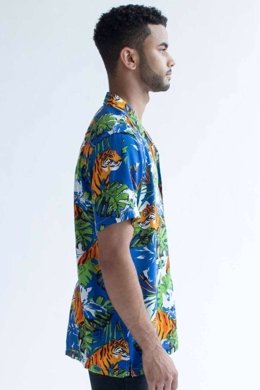 Men * | Clearance Bright Blue Tropical Tiger Hawaiian Shirt