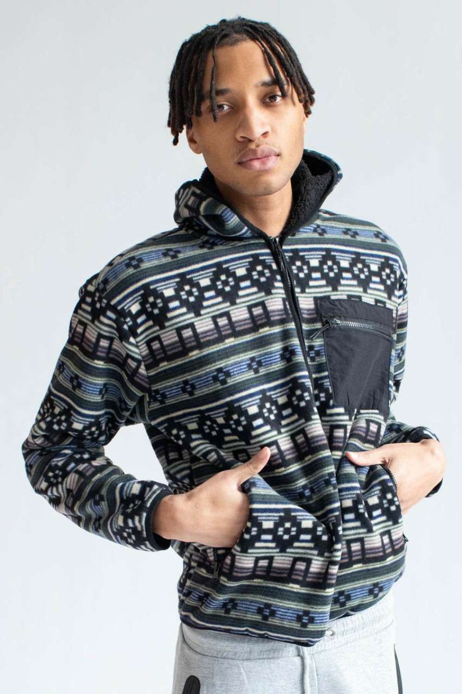 Men * | Clearance Geometric Striped Sherpa Lined Hoodie