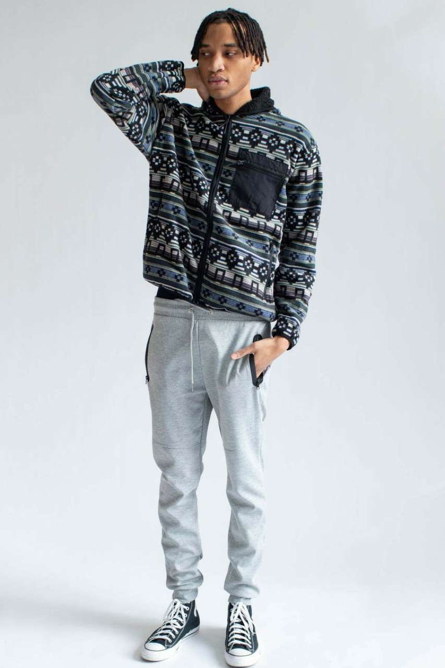 Men * | Clearance Geometric Striped Sherpa Lined Hoodie