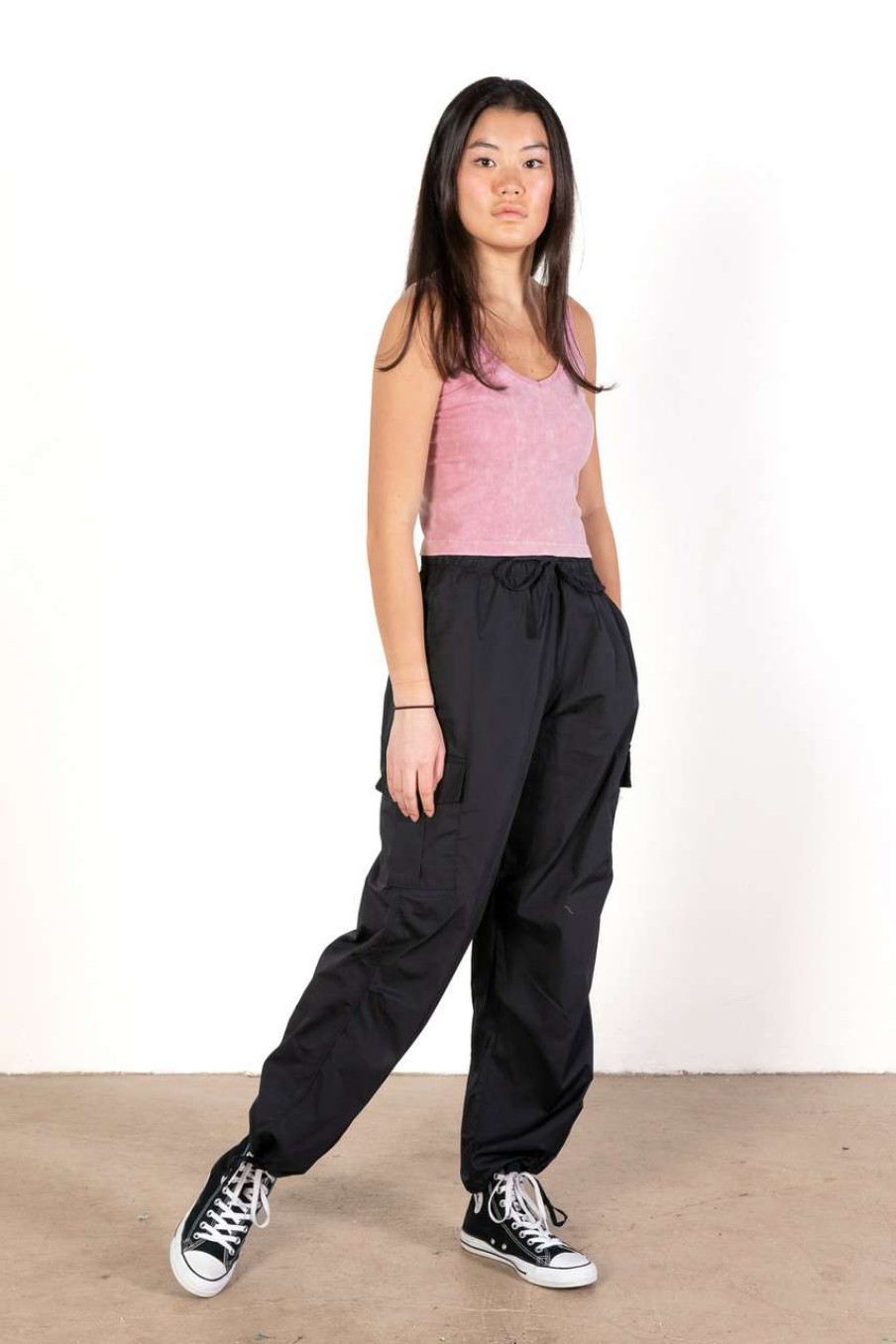 Women * | Super Specials Black Cargo Parachute Pants