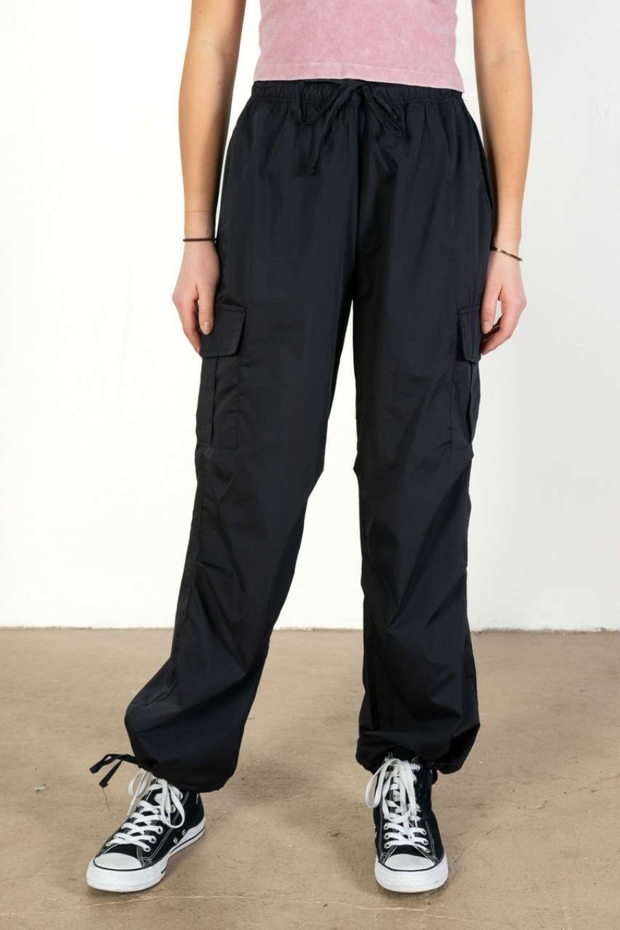 Women * | Super Specials Black Cargo Parachute Pants