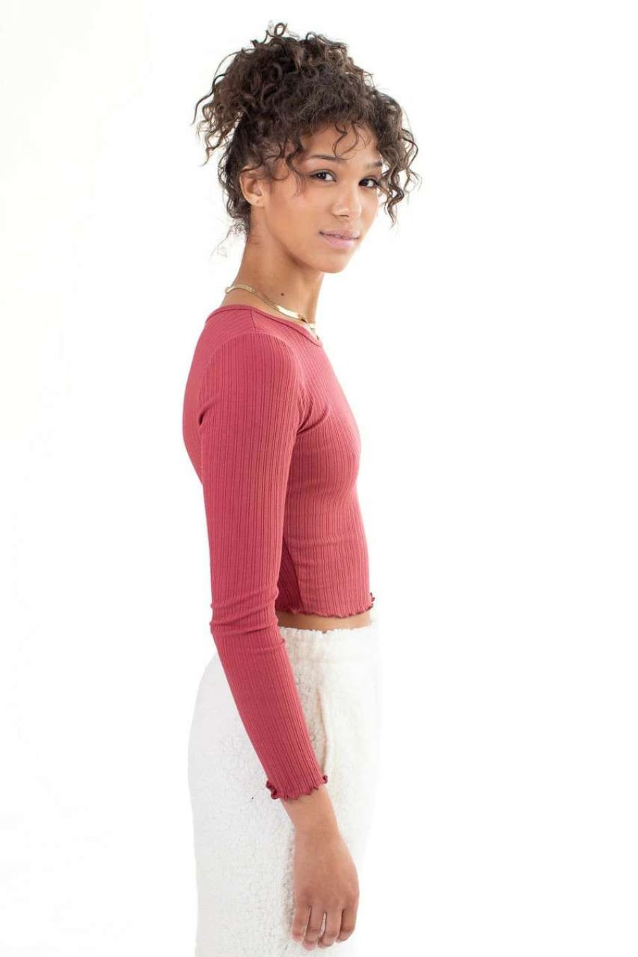 Women * | Clearance Sale Red Double Ribbed Long Sleeve Crop Top