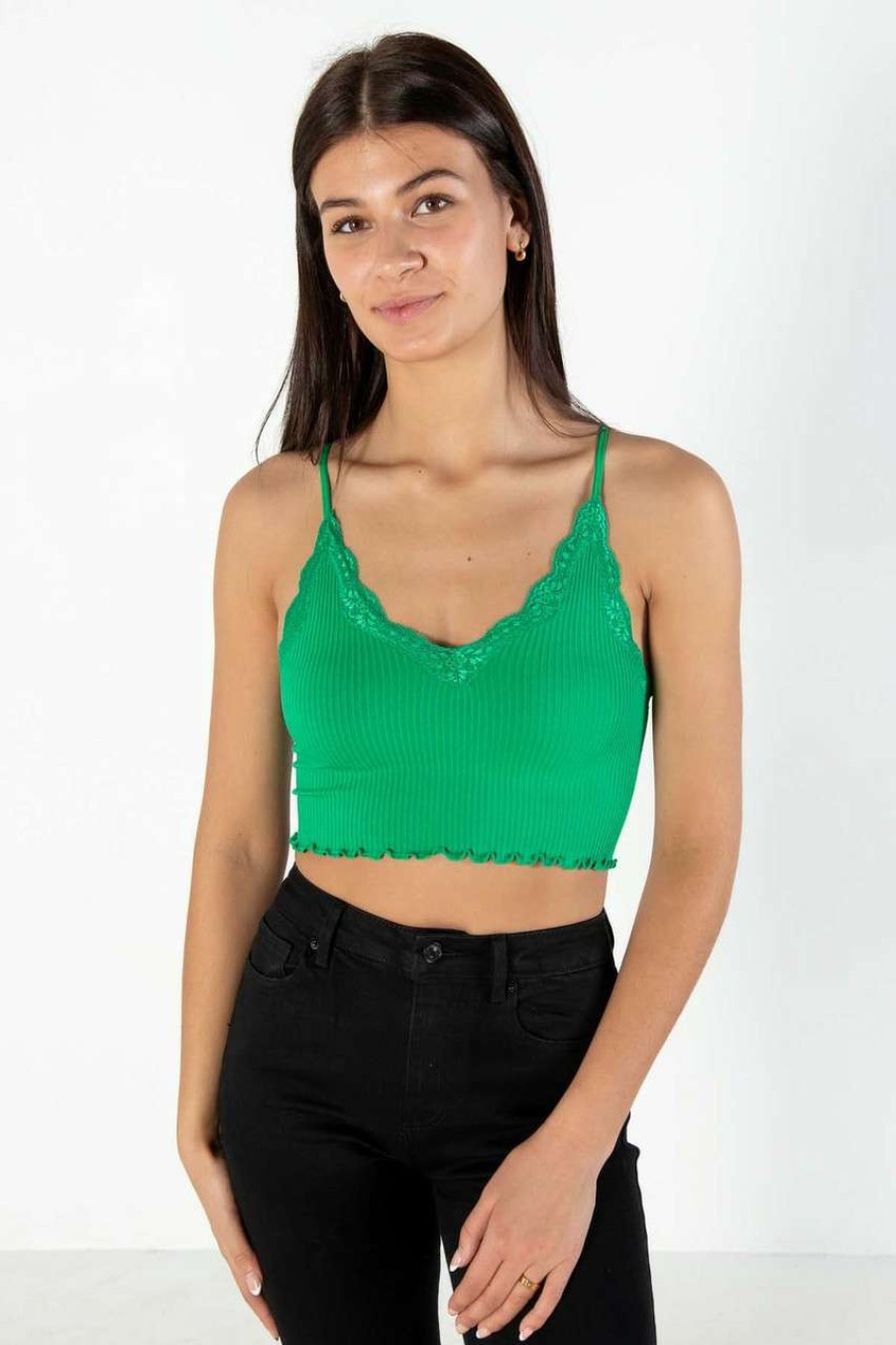 Women * | Limit Offer Seamless Green Lace Trim Cami