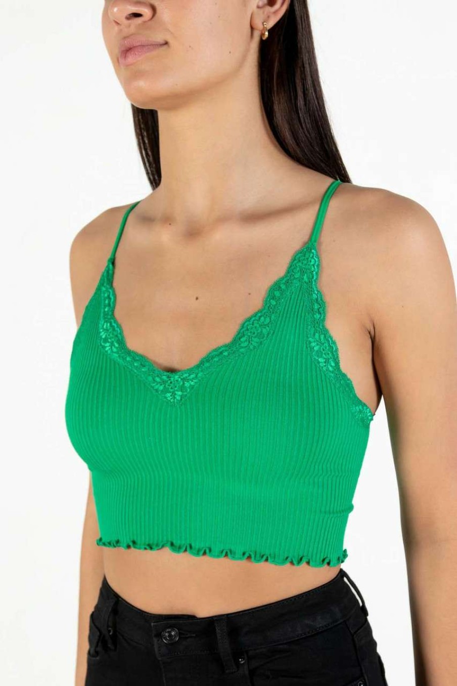 Women * | Limit Offer Seamless Green Lace Trim Cami