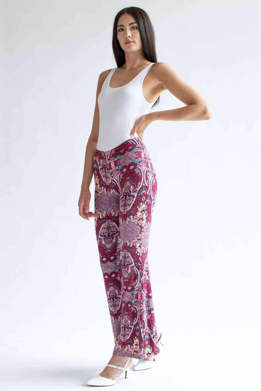 Women * | Cut-Price Wine Bohemian Print Bell Bottoms