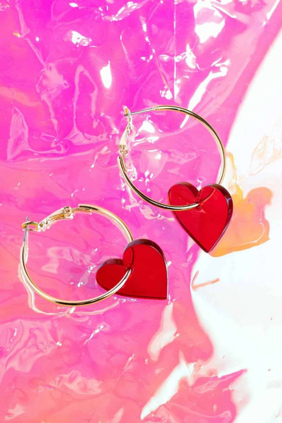 Accessories * | Half Off Red Lucite Heart Charm Hoop Earrings