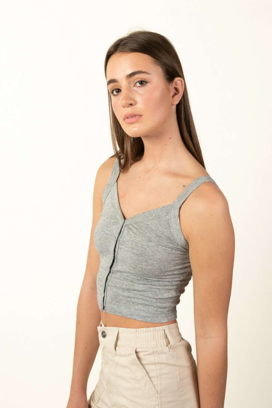 Women * | Special Offer Gray Button Down Tank Top