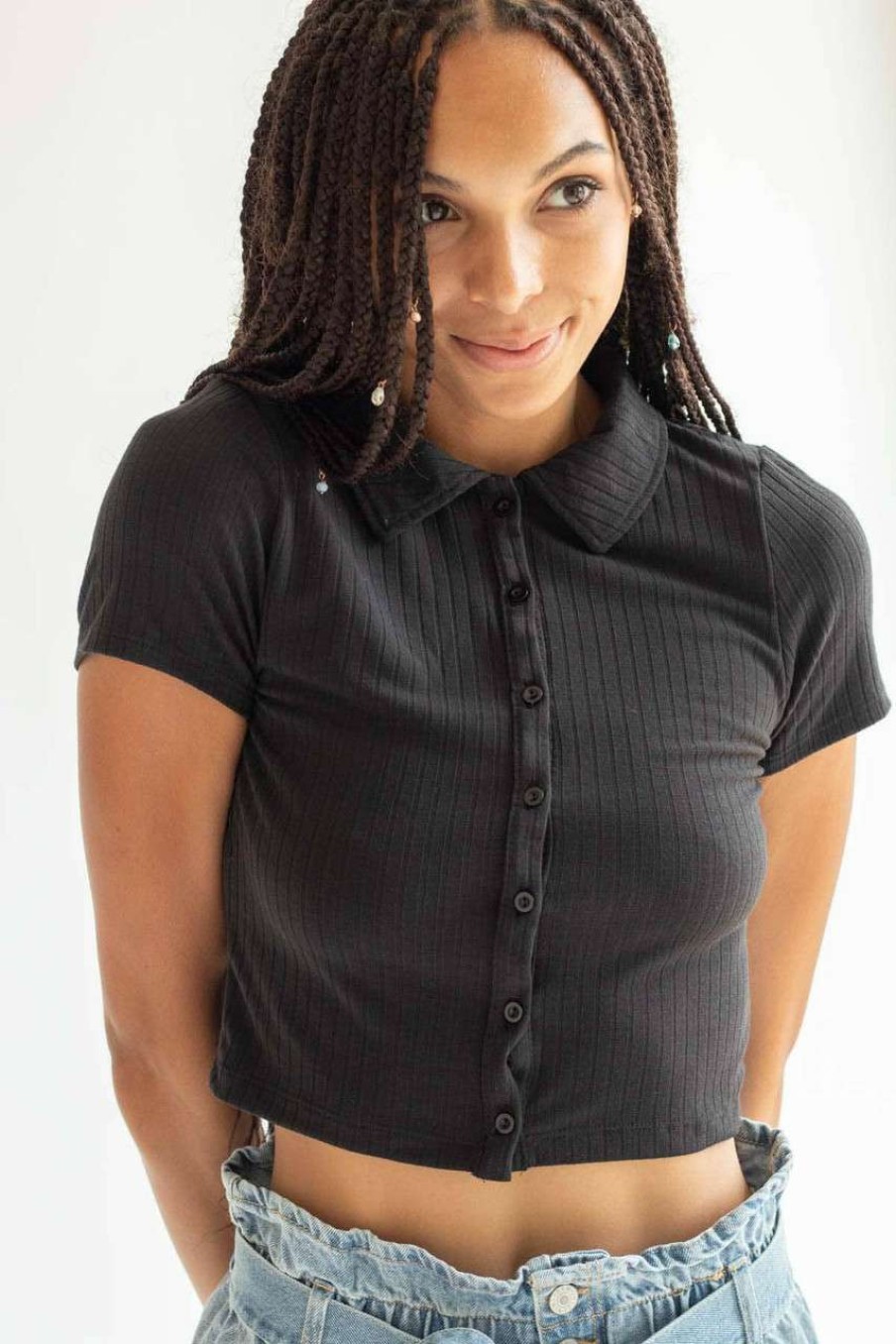 Women * | Special Offer Black Ribbed Button Up Tee