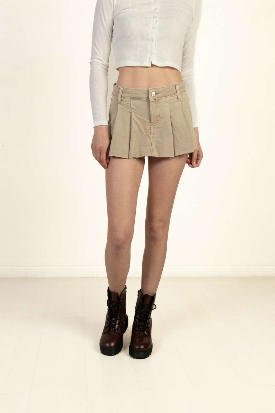 Women * | Cut-Price Khaki Pleated Mini Skort