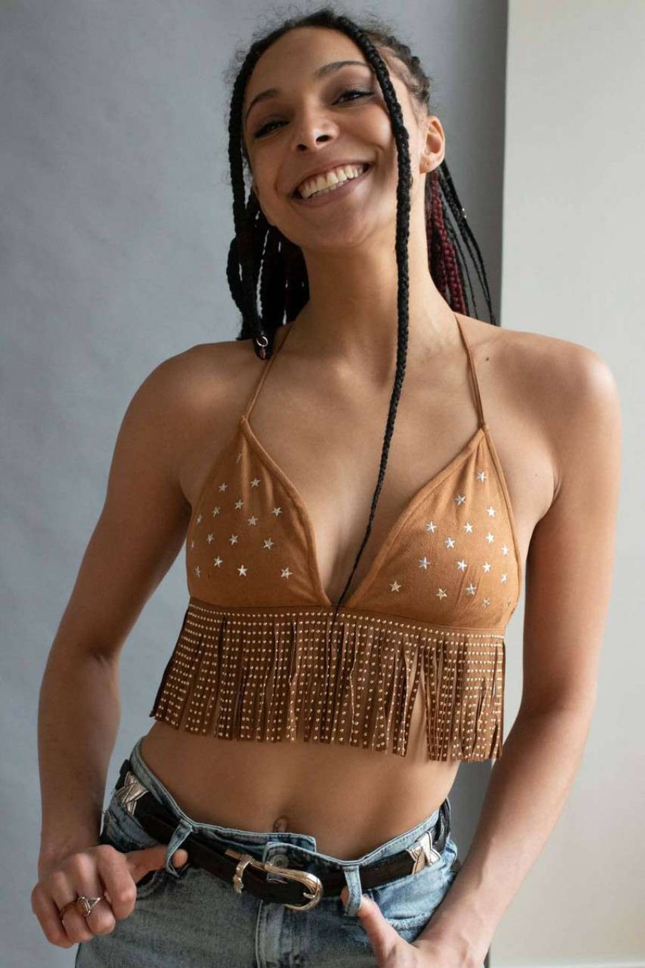 Women * | Clearance Sale Star Studded Fringe Suede String Bikini Top