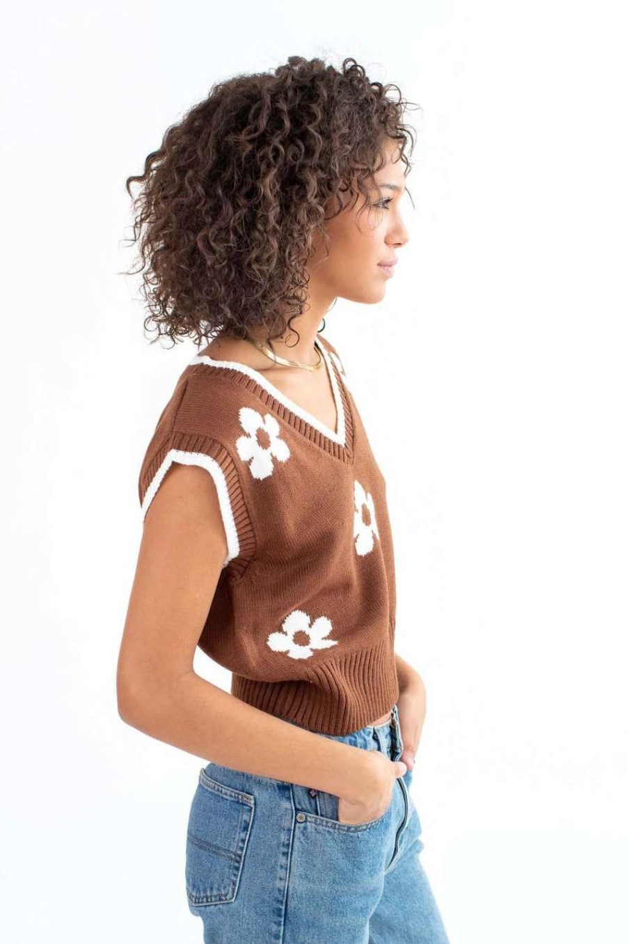 Women * | Special Price Brown Daisy Sweater Vest