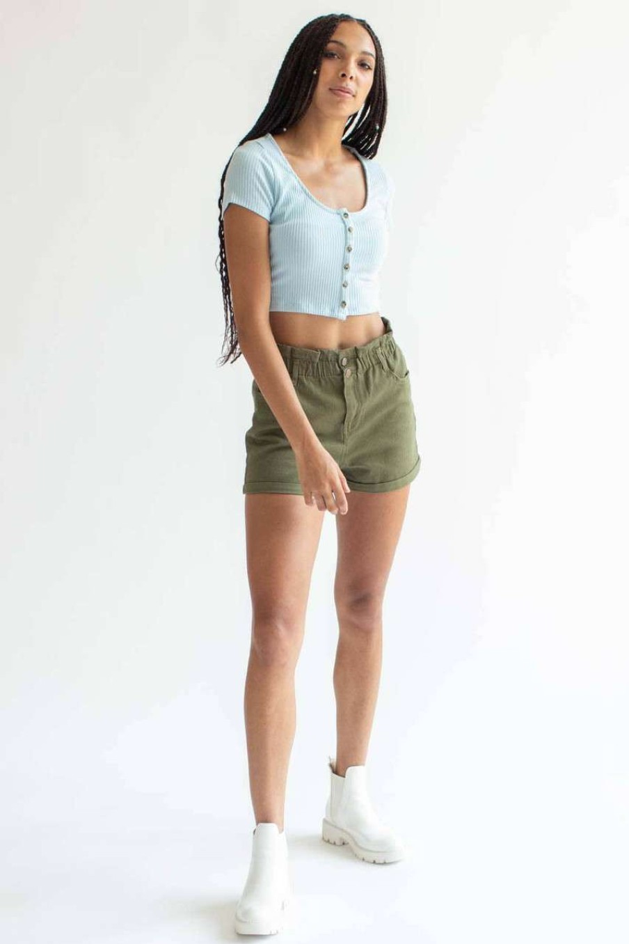 Women * | Limited Edition Blue Ribbed Button Up Crop Tee