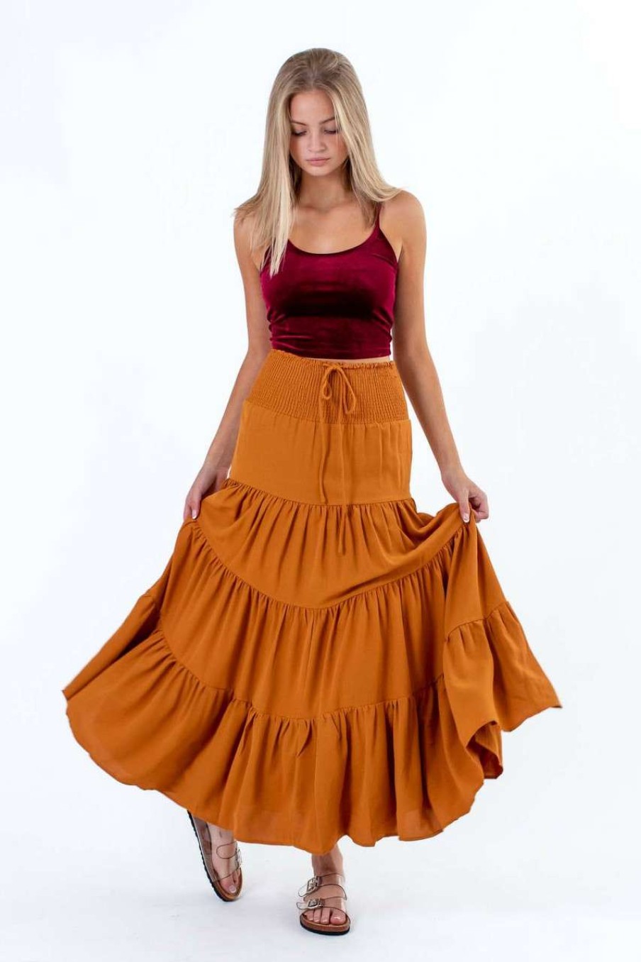 Women * | Clearance Mustard Smocked Waist Maxi Skirt