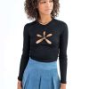 Women * | Clearance Sale Black Floral Cut Out Long Sleeve Crop Top