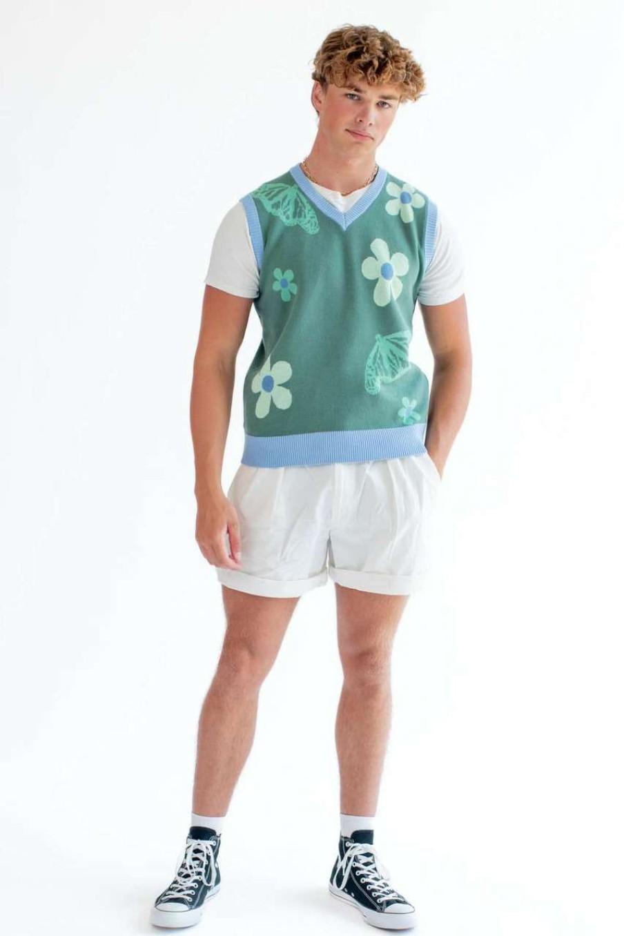 Men * | Super Specials Green Floral Sweater Vest