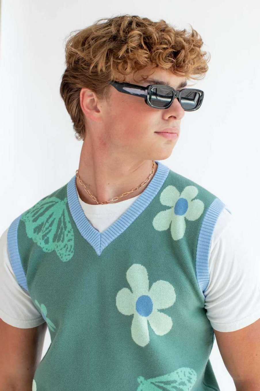 Men * | Super Specials Green Floral Sweater Vest