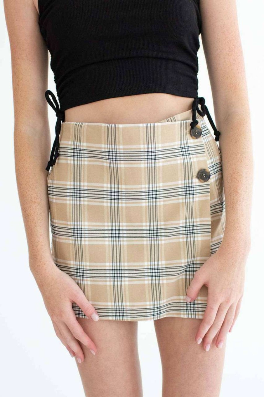 Women * | Clearance Khaki Plaid Stretch Skort