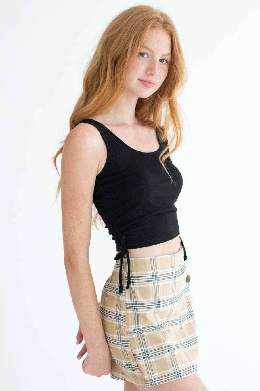 Women * | Clearance Khaki Plaid Stretch Skort