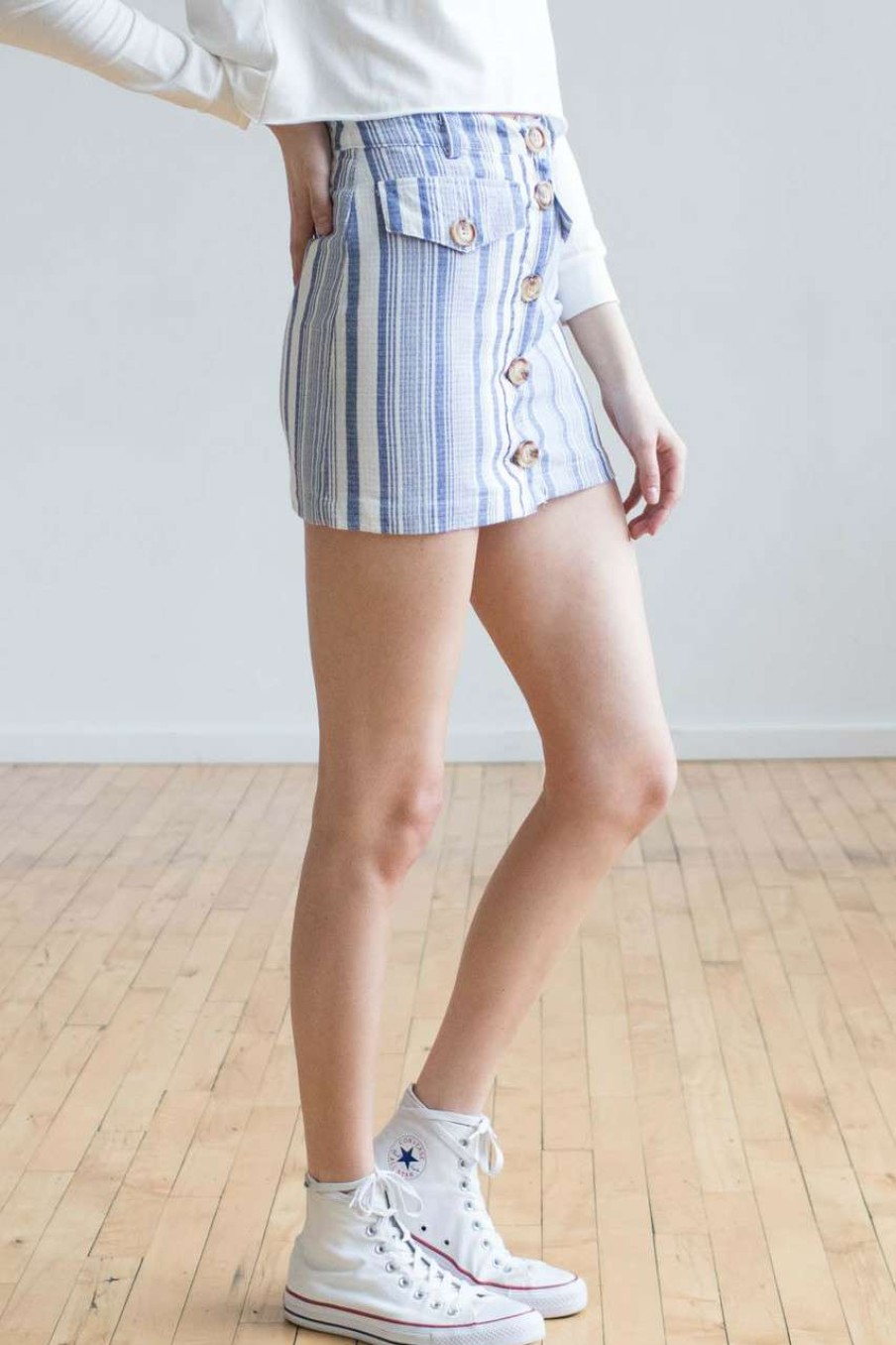 Women * | Clearance Royal Striped Button Front Linen Skirt