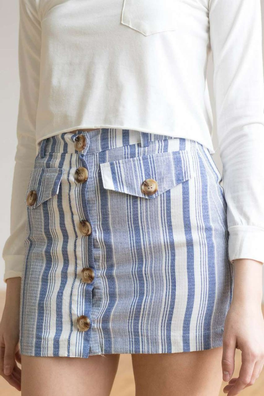 Women * | Clearance Royal Striped Button Front Linen Skirt