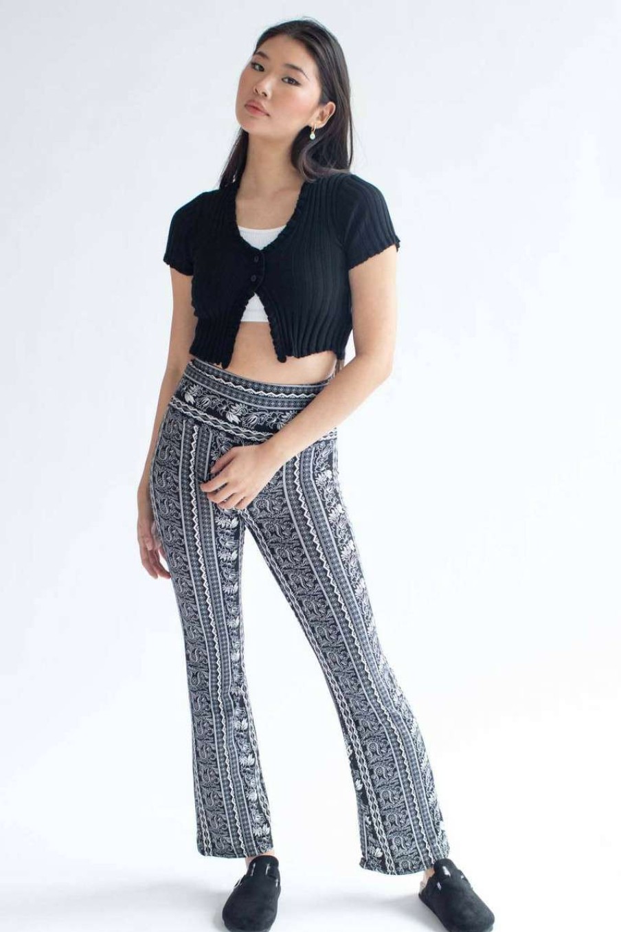 Women * | Clearance Sale Black Floral Border Print Bell Bottoms