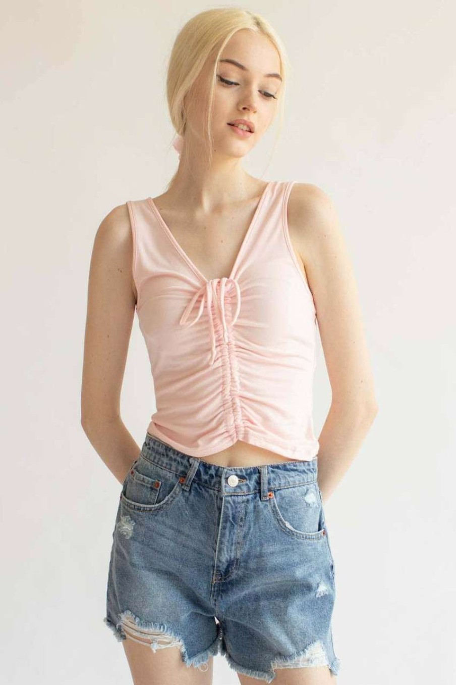 Women * | On Discount Pink Ruched Tie V Neck Tank