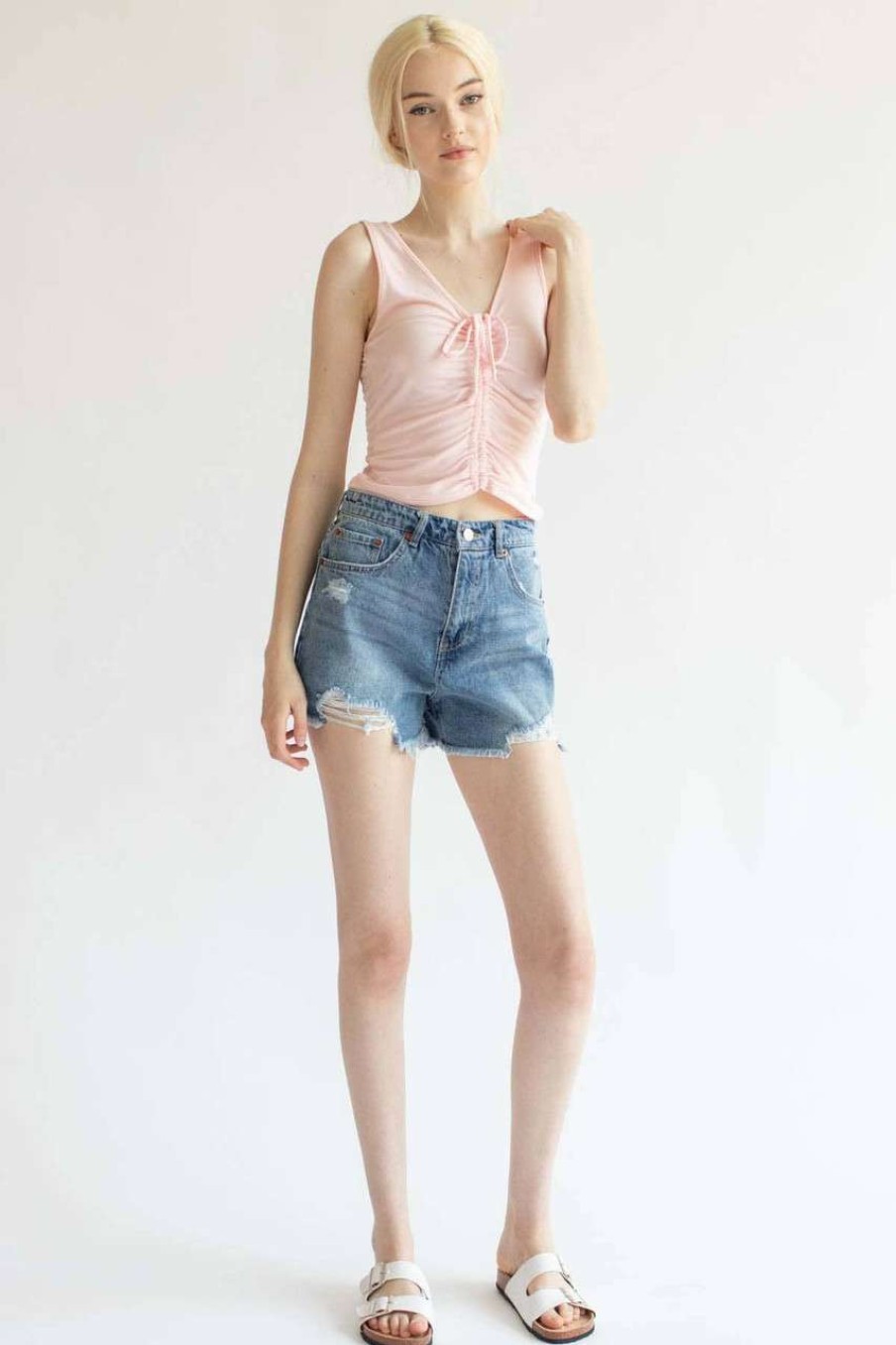 Women * | On Discount Pink Ruched Tie V Neck Tank