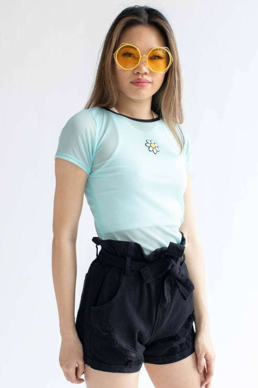 Women * | Super Specials Blue Daisy Embroidered Mesh Tee