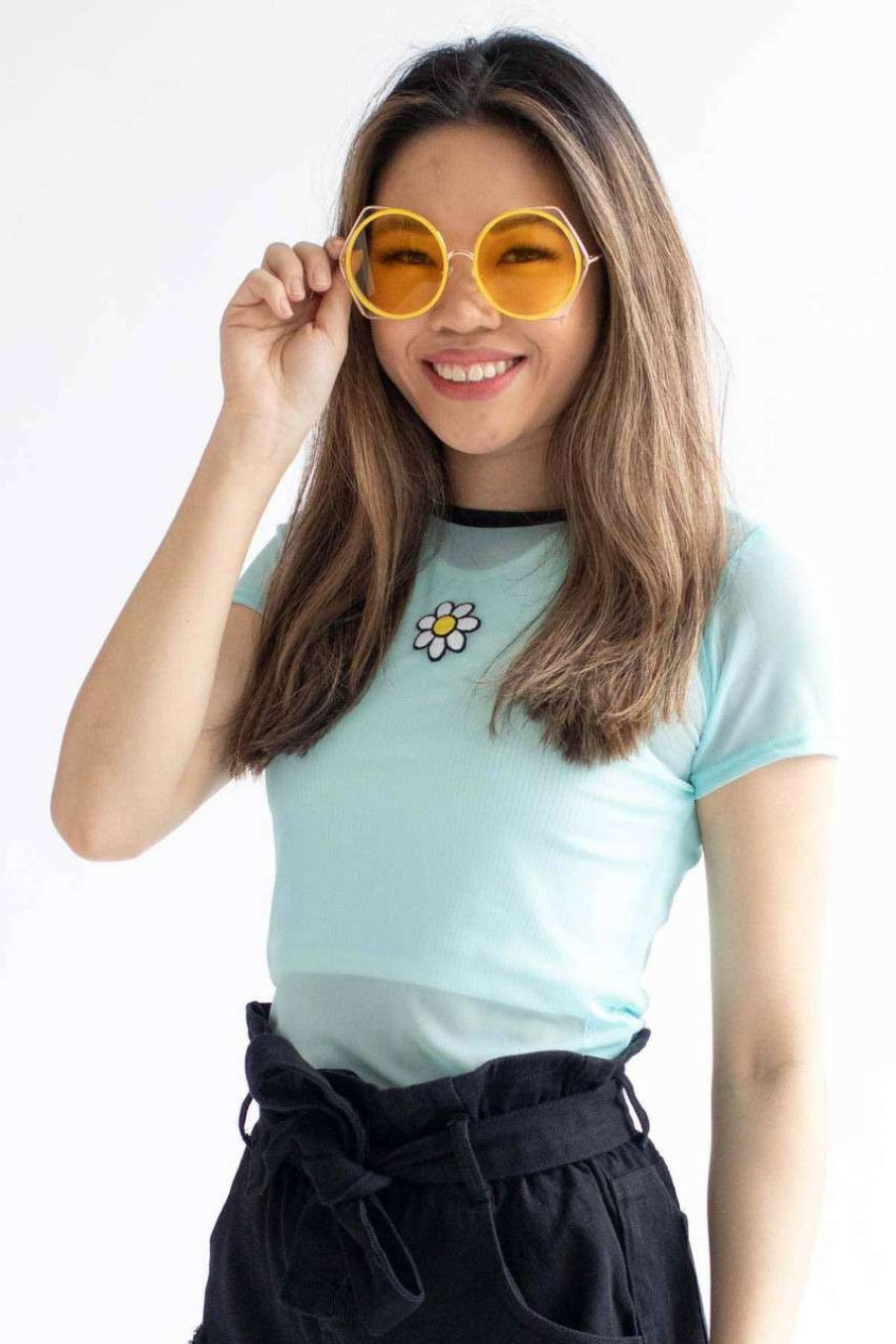 Women * | Super Specials Blue Daisy Embroidered Mesh Tee