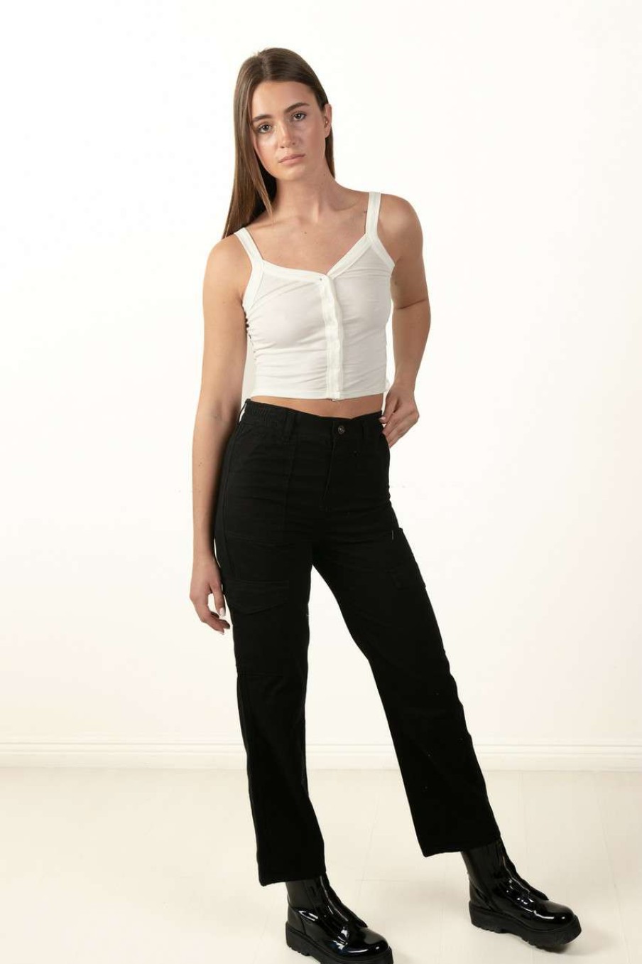 Women * | Clearance Black Cargo Twill Pants