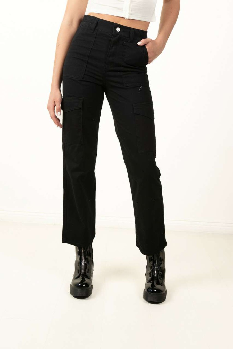 Women * | Clearance Black Cargo Twill Pants