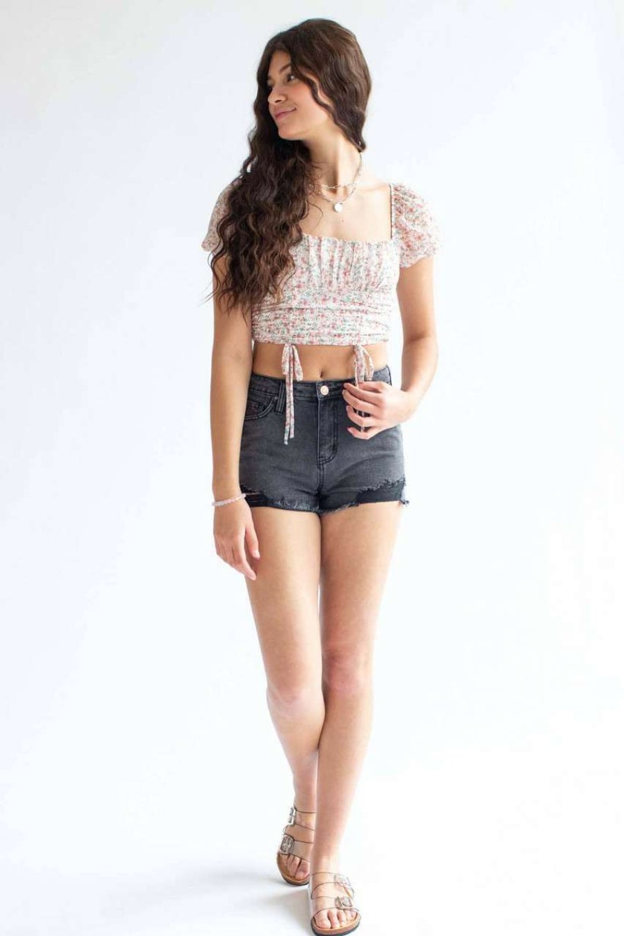 Women * | Special Price Distressed High Waisted Black Denim Shorts