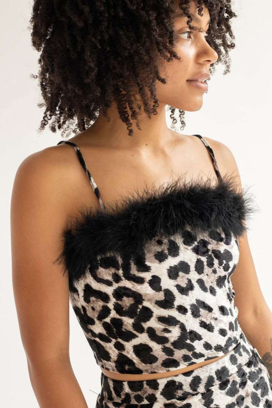 Women * | Super Specials Fur Trimmed Snow Leopard Cropped Cami