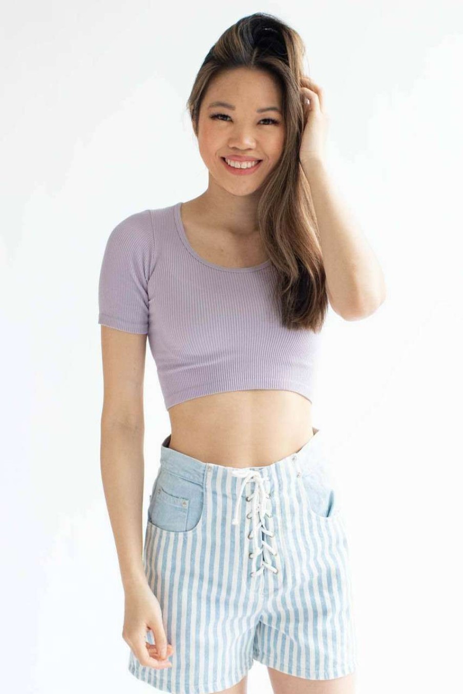 Women * | Super Specials Lilac Ribbed Seamless Scoop Neck Crop Tee