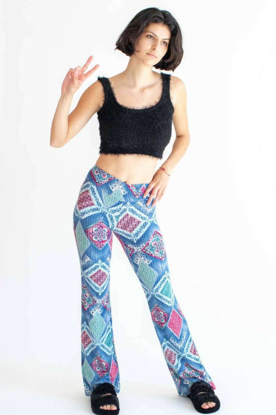 Women * | Bargain Sale Blue Tile Print Ribbed Bell Bottoms