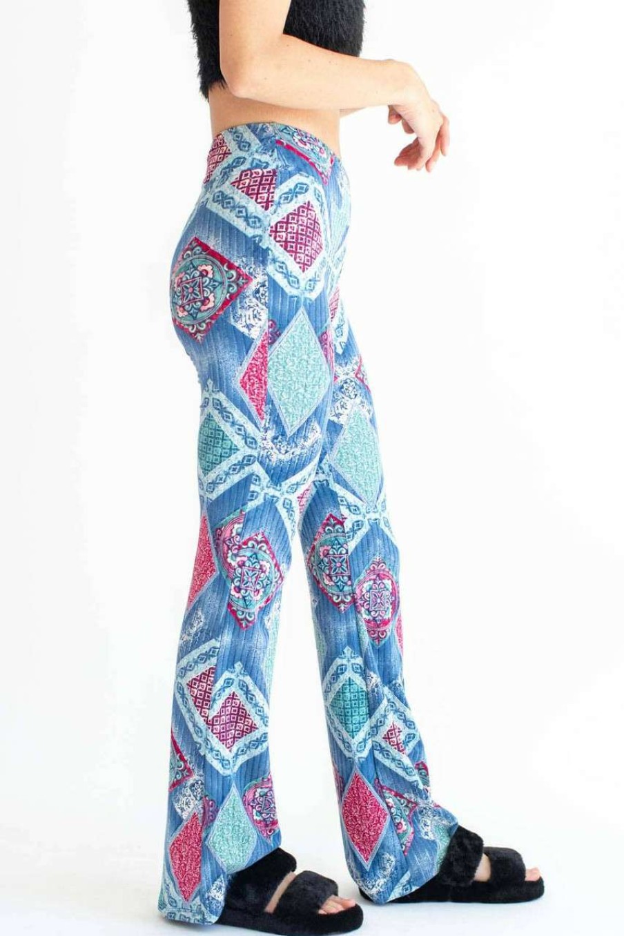 Women * | Bargain Sale Blue Tile Print Ribbed Bell Bottoms