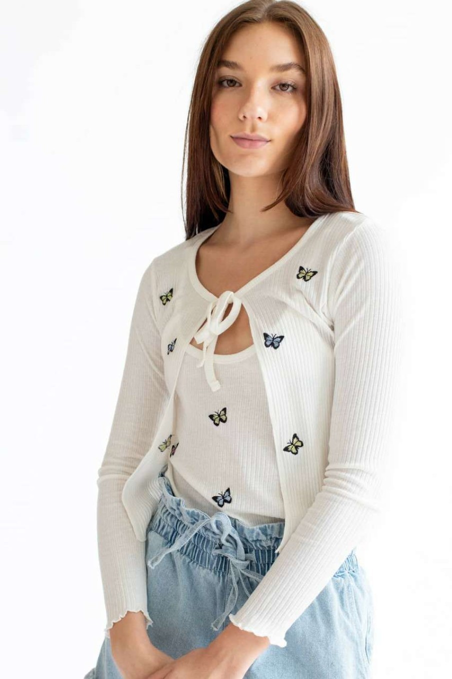 Women * | Prefential Price Embroidered Butterfly Cardigan & Cami Set