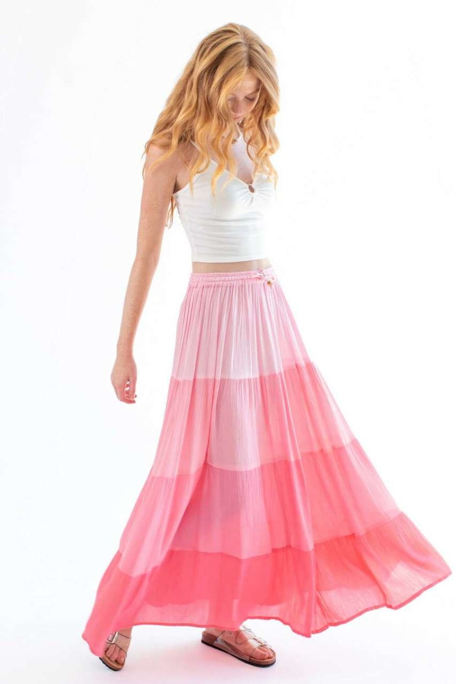 Women * | Clearance Sale Rayon Gauze Solid Tiered Maxi Skirt