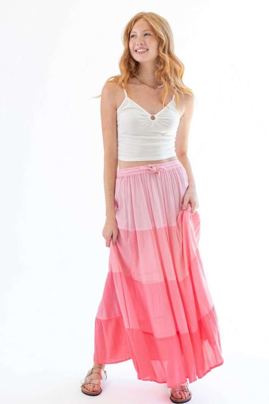 Women * | Clearance Sale Rayon Gauze Solid Tiered Maxi Skirt