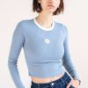 Women * | On Discount Blue Embroidered Daisy Long Sleeve Tee