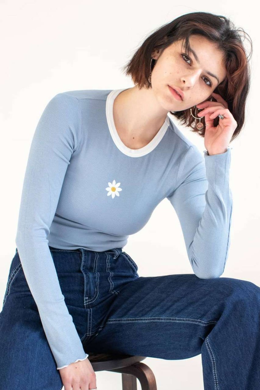 Women * | On Discount Blue Embroidered Daisy Long Sleeve Tee