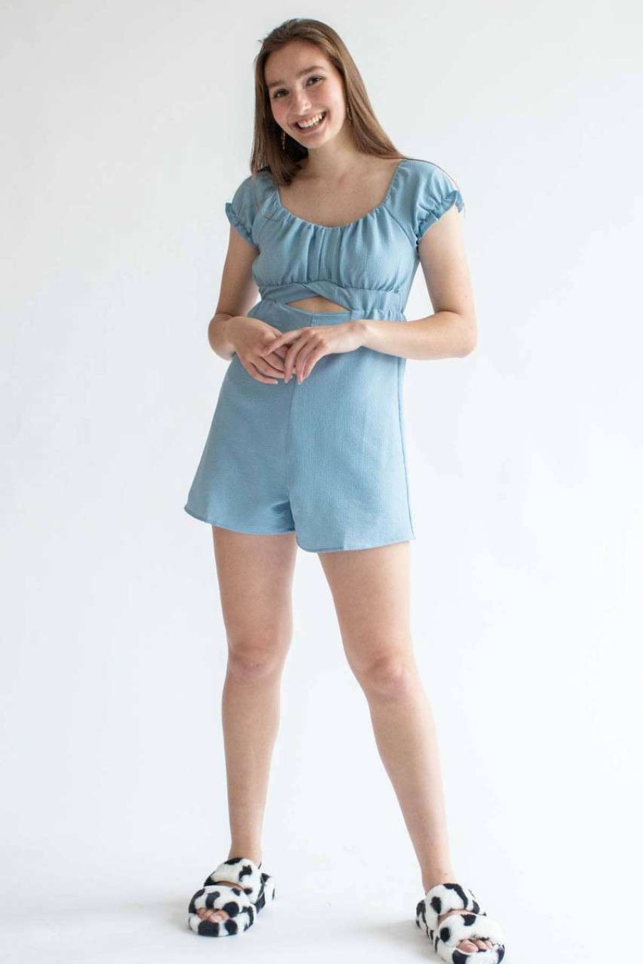 Women * | Limited Edition Blue Crepe Cut Out Romper