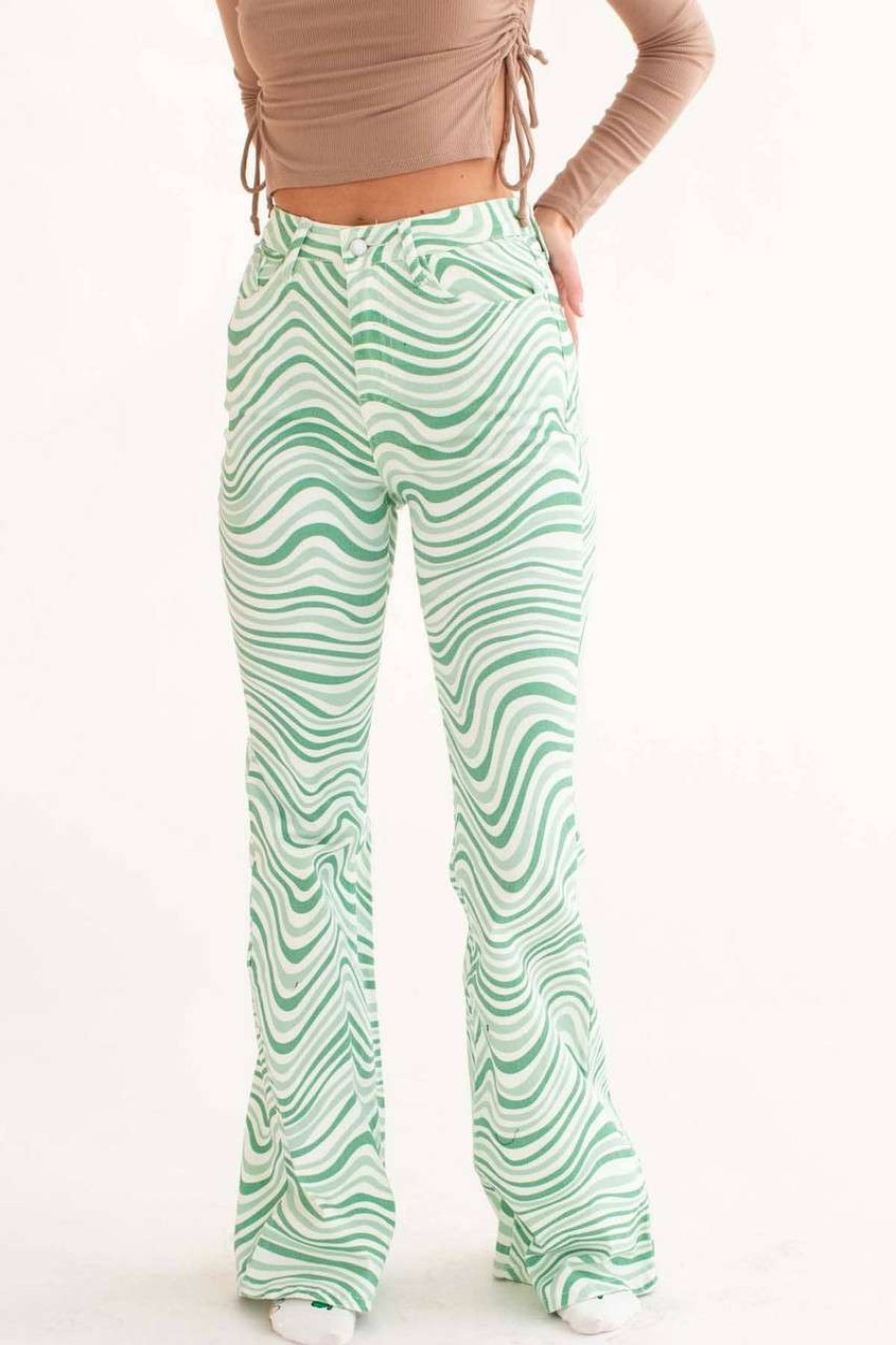 Women * | Special Offer Green Swirl High Waisted Flares