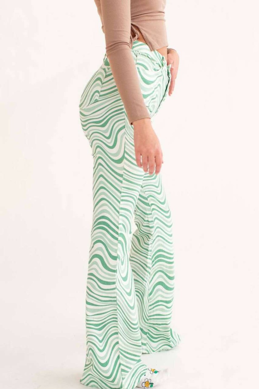 Women * | Special Offer Green Swirl High Waisted Flares