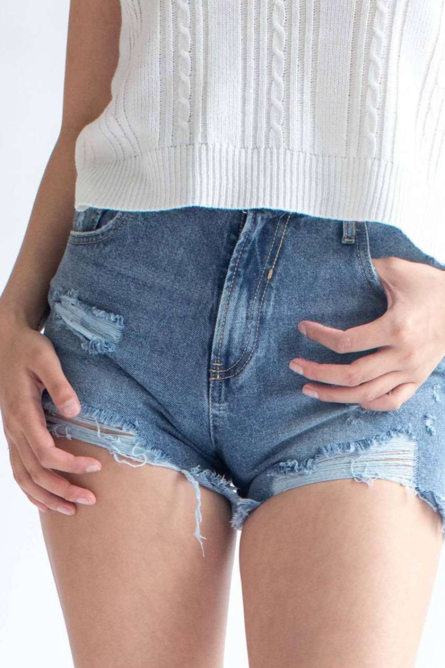 Women * | Online Store Distressed High Waisted Blue Denim Shorts