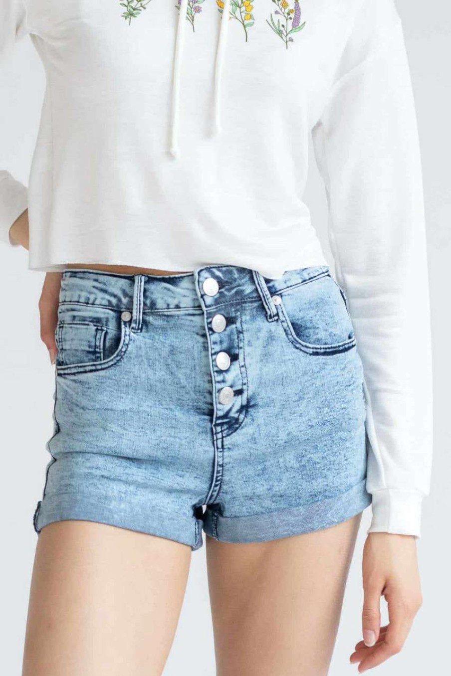 Women * | Clearance Sale Acid Washed 4 Button Stretch Denim Shorts