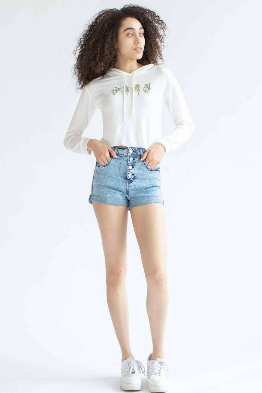 Women * | Clearance Sale Acid Washed 4 Button Stretch Denim Shorts