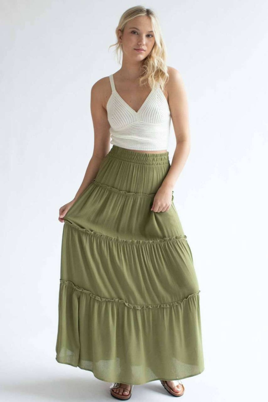 Women * | Online Store Olive Ruffle Tiered Maxi Skirt